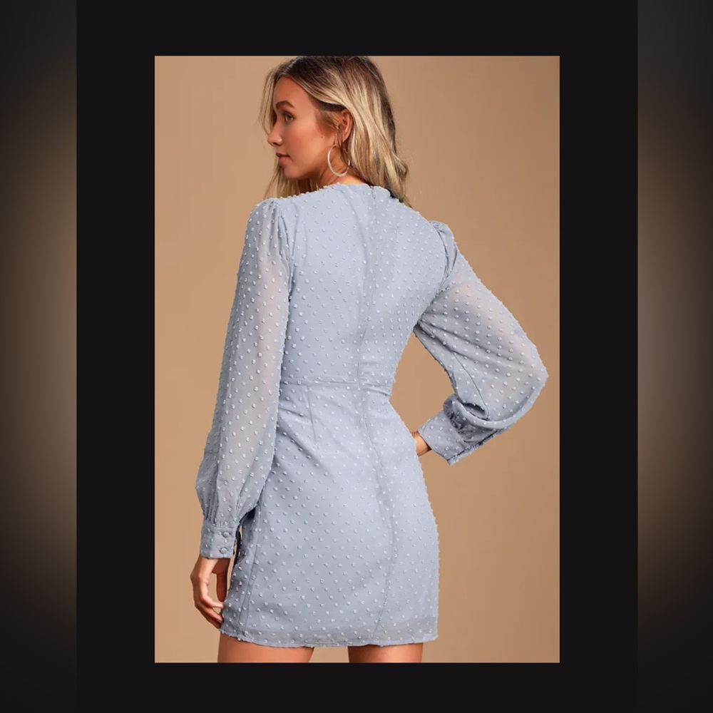 Lulus Much Love Light Blue Swiss Dot Long Sleeve Tie-front Mini Dress - Size XS - Picture 3 of 3